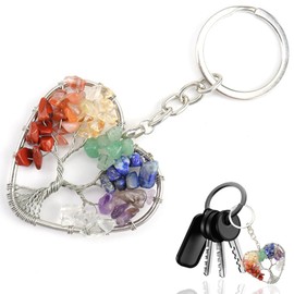 JEYORZY Tree of Life Keyring, Heart Shape 7 Chakra Healing Crystal Tree of Life Key Ring Gemstone Lucky Pendant Key Chain Women as Gift