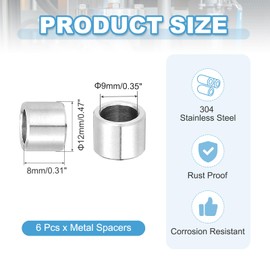 PATIKIL 6 Pcs Stainless Steel Spacers, 9mm ID x 12mm OD x 8mm Height 304 Stainless Steel Bushing Screw Standoff Unthreaded Round Spacer for 3/8" M9 Screws Bolts Nuts