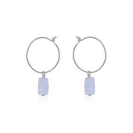 Blue Lace Agate Raw Nugget Hoop Earrings in Stainless Steel