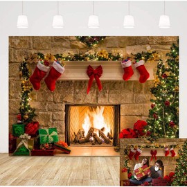Christmas Fireplace Themed Home Decorations Photography Backdrop Xmas Tree Red Sock Children Gift Birthday Party Newborn Baby Shower 5x3ft Photo Background Vinyl Studio Props Party Banner Supplies