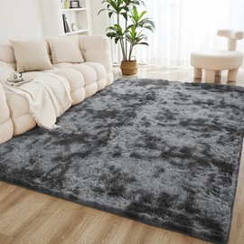 Litanika 6x9 Shag Area Rug for Living Room Bedroom, Tie-Dyed Dark Grey High Pile Soft Plush Shaggy Furry Bedside Playroom Dorm Carpet, Non-Slip, Non-Shedding Modern Indoor Floor Rug