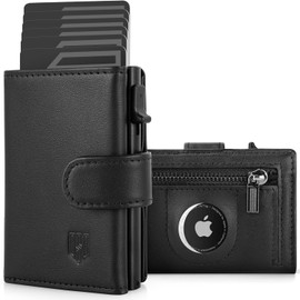 DODENSHA AirTag Wallet, RFID Blocking Genuine Leather Pop Up Credit Card Holder Wallet with Coin Pocket, ID Window, Banknote Compartment & Snap Closure