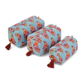 Saffron Marigold Quilted Floral Makeup Bag Set – Kashmir Pattern 3 Sizes, Waterproof Lining, Make Up Travel Cosmetic & Toiletry Bags For Traveling Women