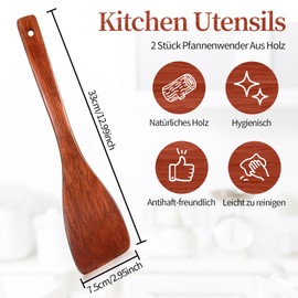 Pack of 2 Wooden Spatulas for Cooking, Wooden Spatula Kitchen with Unique Grain, Long Handle, Non-Stick Wooden Spatula for Wok Pan with Non-Stick Coating (33 cm / 12.99 inches)