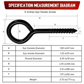 5 Inch Heavy Duty Eye Hooks, 4 Pcs Eye Bolts Screw in Hooks, Stainless Steel Eye Screws for Wood Hanging Securing Hammock, 500 Pound Load Large Eye Bolts for Indoor and Outdoor Uses (Black)
