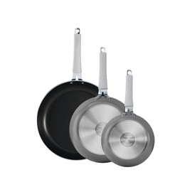 Tramontina 3 Piece Nonstick Fry Pan Set 8" 10" 12", Heavy-gauge aluminum, Porcelain enamel exterior, Reinforced nonstick interior is made without PFOA. Riveted soft-grip silicone handle.