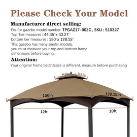 SCOCANOPY Khaki Ripstop Replacement Cover for Lowe's Allen Roth 10X12 Gazebo Model #TPGAZ17-002C，TPGAZ17-002