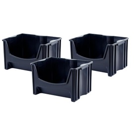 Mighty Tuff Jumbo Stackable Storage Bins, Pack of 3, Easy-Access Storage, Large Easy-To-Grip Handles, Wide Front Opening, Interlocking, Stack Vertically, Black