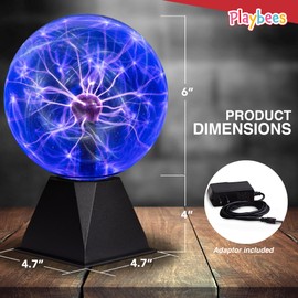 Playbees Blue Plasma Ball - 7 Inch - Tesla Coil Bulb Static Electricity in a Vacuum Pressurized Glass Globe, Nebula, Thunder Lightning, Plug-in - for Parties, Decorations, Prop, STEM