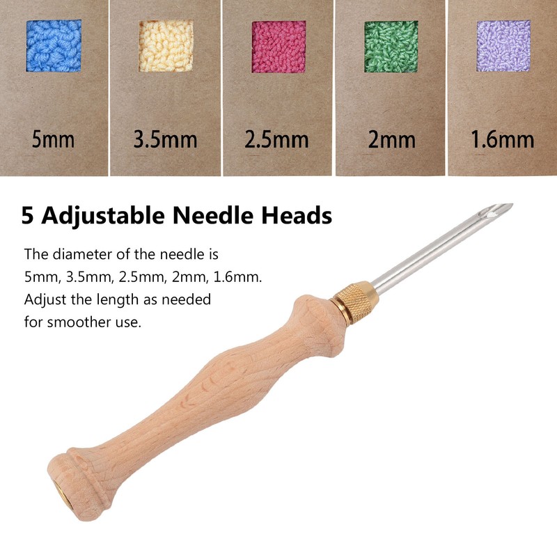 Punch Needle Tool Solid Wood Handle Adjustable 5mm 3.5mm 2.5mm