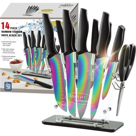 Marco Almond® Knife Block Set,14-Piece Rainbow Color Stainless Steel Knife Sets for Kitchen with block, KYA35 Chef Cooking Knives Set with Acrylic Stand