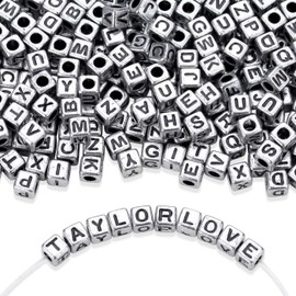 LAIDANLA 1500PCS Acrylic Letter Beads Alphabet Black Letters Silver Cube Bead 6×6mm for Jewelry Bracelets Necklaces Key Chains Making