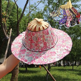 Egurs Women 2 in 1 Foldable Sun Hat Cap and Folding Handheld Fan Chinese Style Portable Floral Printed Handheld Fan and Summer Beach Cap yellow