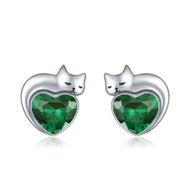 Cat Heart Birthstone Stud Earrings Sterling Silver Emerald Earrings for Women