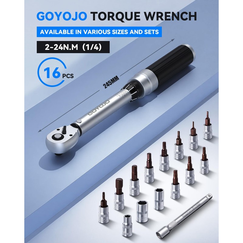 GOYOJO Bicycle Torque Wrench 2-24 Nm, 1/4 Inch Socket Spanner