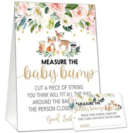 Baby Shower Games Measure The Baby Bump Game, Floral Wooden Animals Theme, How Big is Mommy's Belly Party Supplies. 1 Sign and 50 Guessing Cards.