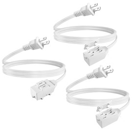 3 Feet Extension Cord with Multiple Outlets, UL Listed SPT-2 16 AWG 2 Prong Extension Cord Power Strip with Safety Caps Cover for Christmas Decor and Lights, NEMA 1-15P to NEMA 1-15R, White, 3 Pack
