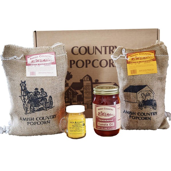 Amish Country Popcorn | 4 lb Burlap Variety Set | 2 lbs Medium White and 2 lbs Yellow Popcorn Kernels - 4.5 oz Ballpark Style ButterSalt and 16 oz Canola Oil | Old Fashioned with Recipe Guide