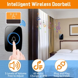 Intelligence Wireless Doorbell Set, Waterproof Outdoor Doorbell Wireless for Homes, Factories, Homes, Offices, Bell Front Door with 60 Melodies, 6 Volume Levels, LED Display, Black