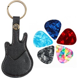 Guitar Pick Holder Leather Guitar Picks Case With Keychain And 5Pcs Guitar Picks Mini Guitar Shape Plectrums Pack Case Keyring For Guitar Lovers Men And Women
