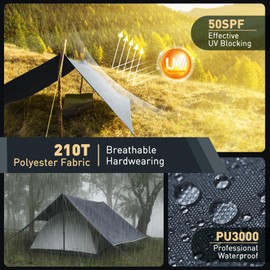 VOSOIR Tarp 3 x 3 m Waterproof, Ultralight Camping Tent Tarpaulin, with 9 Eyelets + 6 Aluminium Pins + 8 Nylon Ropes, Anti-UV Snow Rain Protection, Lightweight Compact, for Hammock, Camping, Picnic