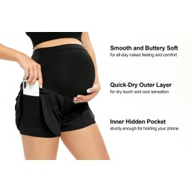 AMPOSH - Pantalones cortos de entrenamiento de maternidad para mujer, sobre el vientre, suaves, atléticos, para yoga, correr, con bolsillo, A002 Negro/Salvia, L