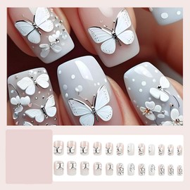 RIICFDD White Gradient Press on Nails Short Fake Nails Square False Nails Delicate Butterfly Glue on Nails White Floral Stick on Nails Full Cover Acrylic Nails for Women Nail Decoration 24 Pcs