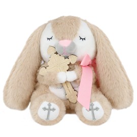 Prayer Bunny Christening Gift Baptism Bunny Stuffed Animal with Wooden Praying Cross Church Plush Toy for Newborn Baby, Boys and Girls Enduring Comfort 8.5 inches (Pink)