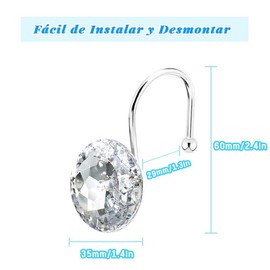 Frokom Ganchos de Cortina de Ducha para Baño, Juego de 12 Ganchos Decorativos de Cortina de Acrílico para Regadera，Diamantes de Imitación Decorativos para Cortinas de Ducha, Ropa (Blanco)