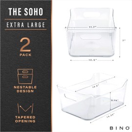 BINO | Plastic Storage Bins, X-Large - 2 Pack, Clear | THE SOHO COLLECTION | Pantry Organizers and Storage Containers Fridge Organizer Bins Kitchen Cabinet Organizer Medicine Cabinet Organizer Bin
