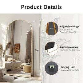 Beauty4U 71" x 32" Arch Full-Length Mirror, Gold Metal Frame, Free Standing & Hanging Mounted for Living Room, Bedroom