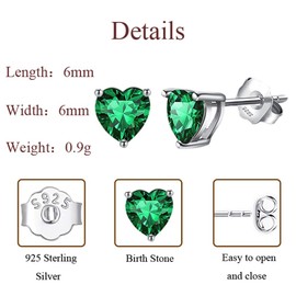 Zolkamery Earrings Silver 925 Stud Earrings, 925 Sterling Silver Birthstone Stud Earrings for Women Girls, Heart Stud Earrings with Zirconia, 6 mm Small Sleeping Cartilage Stud Earrings with Gift Box,