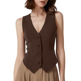 QINSEN Womens Vest Top V Neck Sleeveless Button Down Lined Going Out Crop Tops Coffee Bean XL