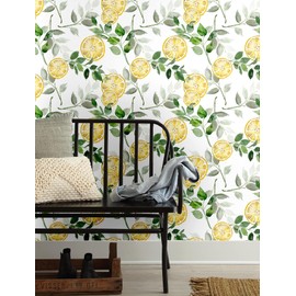 Blooming Wall DPY45 Peel and Stick Watercolor Fresh Lemon with Green Leaf Wallpaper Self-Adhesive Removable Wallpaper Wall Mural Wall Decor