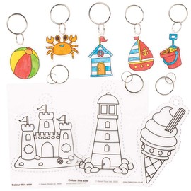 Baker Ross FE282 Seaside Super Shrink Keyrings - Pack of 8, Keyrings for Crafts to Colour In, Make and Display, Make Your Own for Kids, Shrink Art Keyrings Seaside