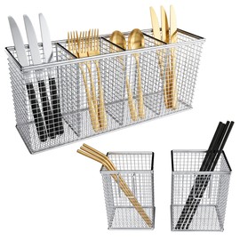Dishwasher Silverware Basket - 304 Stainless Steel Utensil Organizer Set with 2 Hook-On Chopstick Baskets for Straws, Forks, Spoons, Knives and Chopsticks (Silver)