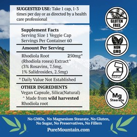 Pure Mountain Botanicals Rhodiola Rosea Supplement - 60 Kosher Vegan Capsules with 250mg Rhodiola Root Extract