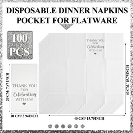 Fuutreo 100 Pcs Wedding Linen Feel Napkins Disposable Dinner Napkins Pocket for Flatware Airlaid Paper Napkin Absorbent Dinner Napkins for Wedding Shower Engagement Party Decorations (Silver)