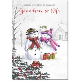 doodlecards Grandson and Wife Christmas Card Two Snowmen Medium Size Christmas Card for Grandson & Wife with Plain Envelope