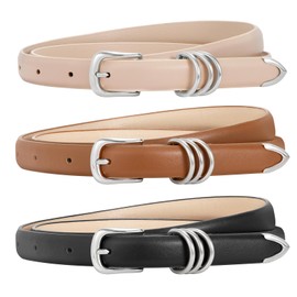 WERFORU 3 Pack Women Skinny Leather Belt for Dress Jeans, Fashion Thin Belt with Gold Buckle(Black+Brown+Beige-Silver,51.2"Length, Fit Waist Size 41"-45")