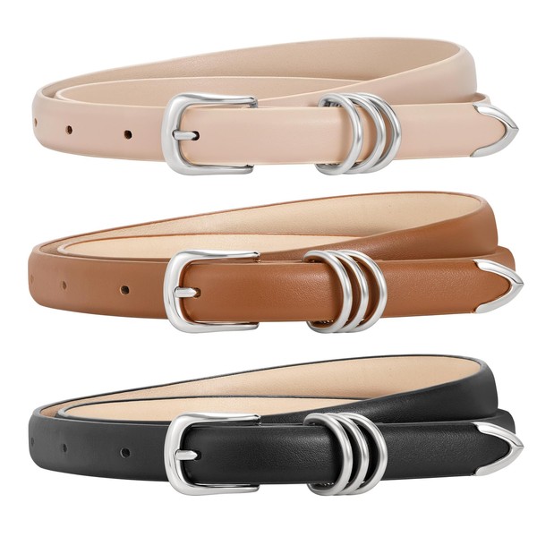 WERFORU 3 Pack Women Skinny Leather Belt for Dress Jeans,