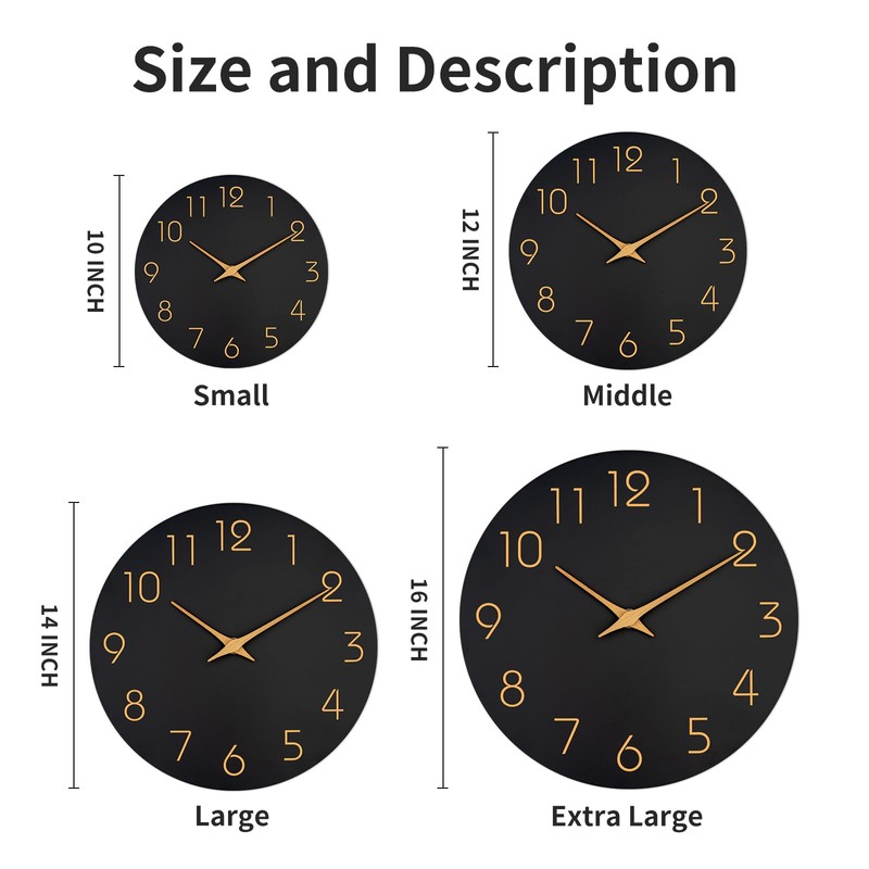 Mosewa Large Wall Clock 16 Inch Black Battery Operated Silent