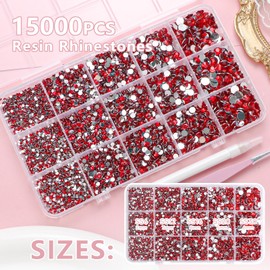 16000 Pcs Resin Rhinestones for Crafting, Flatback Red Gems Jelly Rhinestones, Mixed Sizes Red Bedazzling Crystal with Pickup Tool for DIY Crafts Clothing Tumblers Mugs Shoes Fabric Nail Art