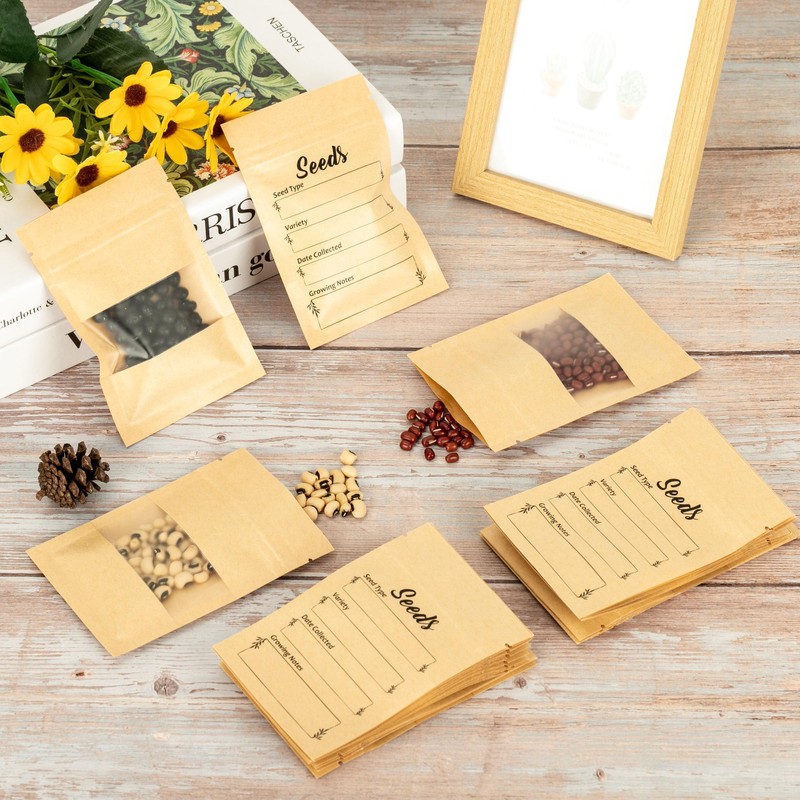 YHNTGB 100pcs Seed Envelopes Resealable with Clear Window Kraft Paper