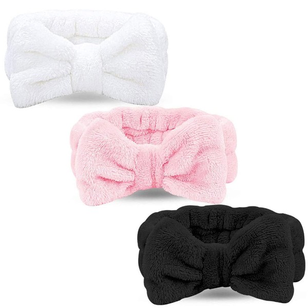 Spa Headband – 3 Pack Bow Hair Band Women Facial Makeup Head Band Soft Coral Fleece Head Wraps For Shower Washing Face(Multicolored-D)