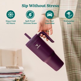 REDUCE Chiller Vacuum Insulated 40 oz Tumbler with Spill-Proof Silicone Straw - Sustainable Tritan Lid with Water Intake Markers - Soft Sit Base Travel Mug - Dishwasher Safe - Gentle Lavender