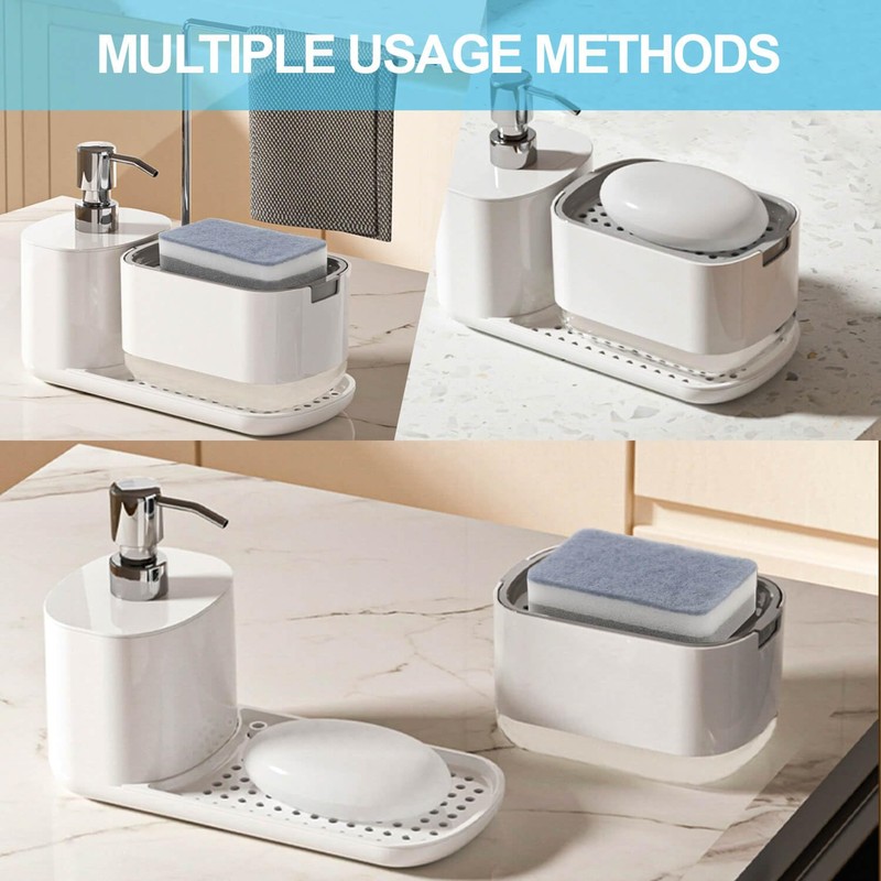 Kitchen Soap Dispenser Set with Tray and Sponge Holder, Dish