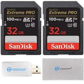 SanDisk 32GB Extreme Pro Memory Card (Two Pack) Works with Nikon D3400, D3300, D750, D5500, D5300, D500, AW130 Camera Bundle with Everything But Stromboli Micro & SD Card Reader & Micro Fiber Cloth