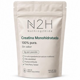N2H Creatina Monohidratada 100% Pura, 600g, 5 g por Porción, Sin Sabor, 200 Mesh, Sin Azúcar, Sin Rellenos, Libre de Lácteos y Soya, Third-Party Tested (Sin sabor, Bolsa, 600g)