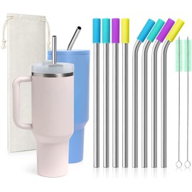 Popotes de Acero Inoxidable, 8 Pajitas de Mental Reutilizables de 10 mm de ancho, con 8 Puntas de Silicón, 2 Cepillo para limpiarlos y Bolsa para Guardarlos, Popotes Metálicos para Vasos de 30 40 oz